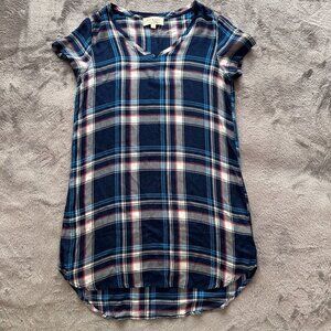 Cloth & Stone Plaid V-Neck Tunic Shirt Dress Women's MEDIUM Blue